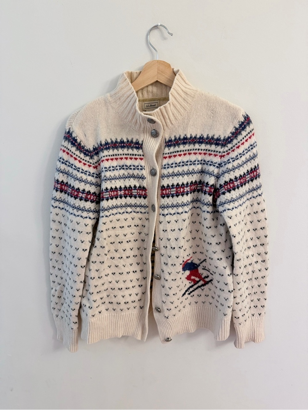 Vintage L.L. Bean Cream Fair Isle Ski-Graphic Button Cardigan Sweater